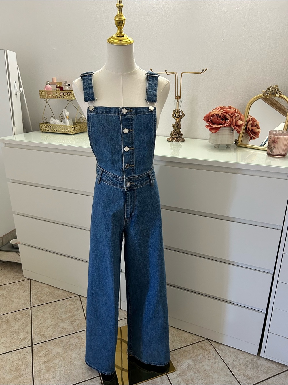 Universal Thread Blue Denim Wide-Leg Button-Front Jumpsuit